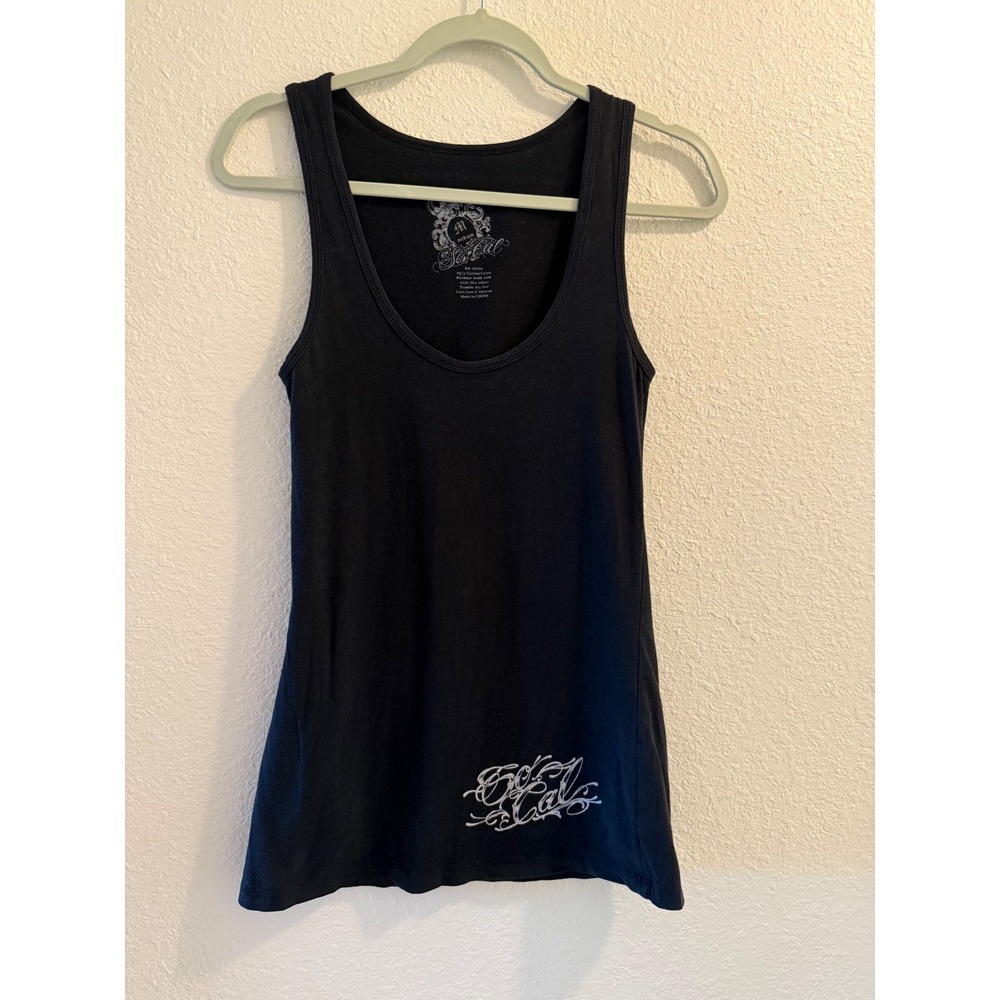 So Cal Vintage Y2K Women's Black Tank Top Medium Graphic Wings Flowers Drip